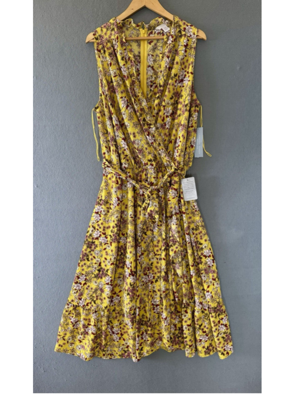 NWT London Times 22W Yellow Floral Wrap Midi Dress Plus Size Sleeveless Ruffle - Picture 2 of 6